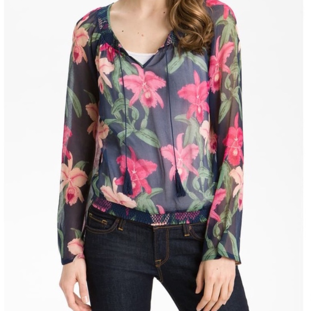 Lucky Brand Dale Hope Semi Sheer Floral Silk Peasant Blouse Size S NEW